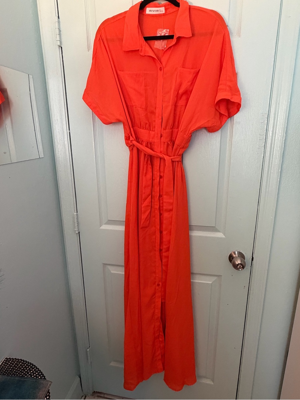 RIVER Silk-Blend Bright Orange Shirt Maxi Dress with Waist Tie